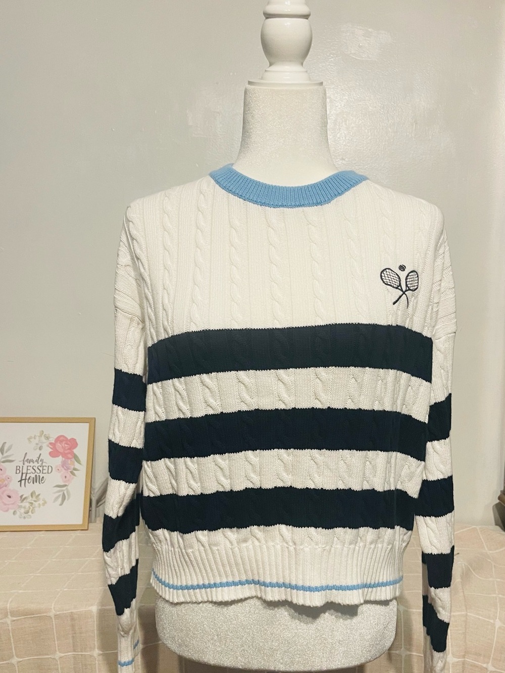 all in motion White Cable-Knit Sweater with Light Blue Trim - Picture 9 of 9